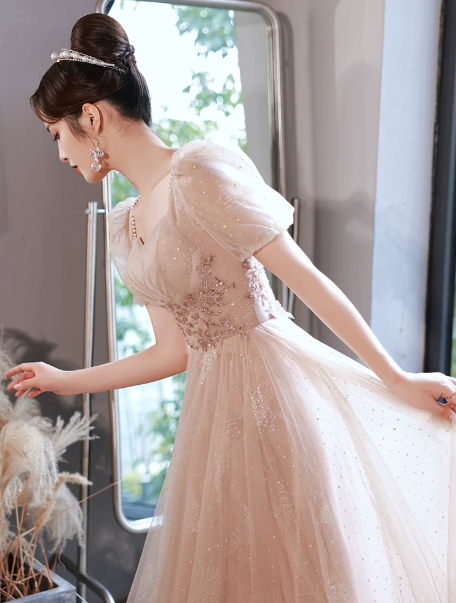Tulle Glitter Corset Prom Gown ,  Elegant Chamoagne Maxi Princess Evening Dress Ball Gown RS1827