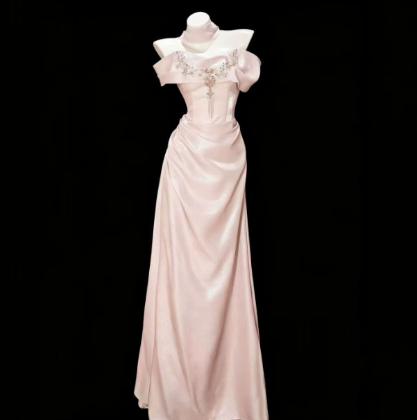 Satin Silky Corset Prom Gown ,  Elegant Chamoagne Maxi Princess Evening Dress Ball Gown RS1828
