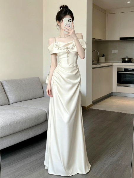 Satin Silky Corset Prom Gown ,  Elegant White Maxi Evening Dress Ball Gown RS1829