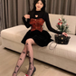 Sweet and spicy style heart hollow top 2025 large size plaid waist strap dress set R1208