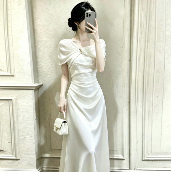 Satin Silky Corset Prom Gown ,  Charming White Maxi Evening Dress Ball Gown RS1831