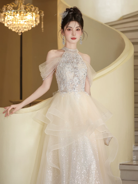 Sequins Glitter Tulle Corset Prom Gown ,  Charming Sliver Maxi Evening Dress Ball Gown RS1832