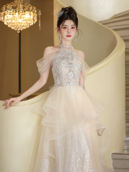 Sequins Glitter Tulle Corset Prom Gown ,  Charming Sliver Maxi Evening Dress Ball Gown RS1832