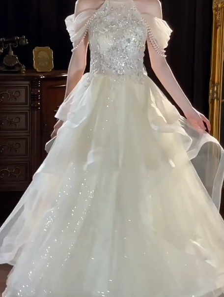 Sequins Glitter Tulle Corset Prom Gown ,  Charming Sliver Maxi Evening Dress Ball Gown RS1832