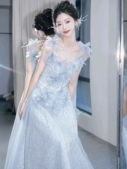 Feather Decor Tulle Corset Prom Gown ,  Charming Pale Blue Maxi Evening Dress Ball Gown RS1833