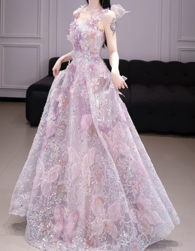 Tulle Glitter Applique Corset Prom Gown ,  Dreamy Purple Maxi Birthday Dress Ball Gown RS1834