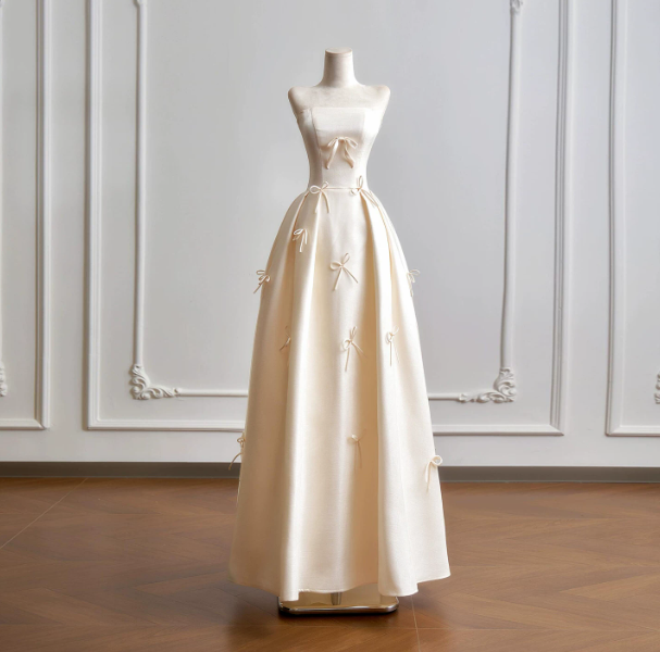 Satin Bow Decor Bodycon Prom Gown ,  Cute Ivory Maxi Princess Evening Dress Ball Gown RS1836