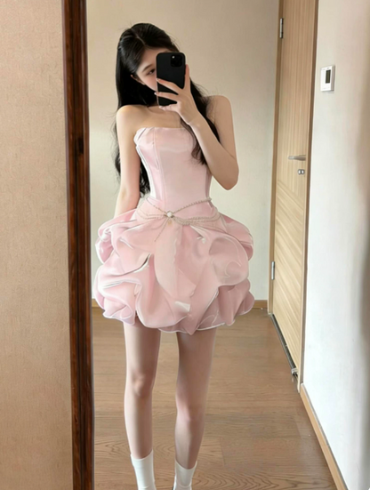 Puffy Satin Pleated Corset Homecoming Dress , Sweet Pink Mini Birthday Dress RS1862