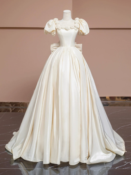 Satin Silky Corset Prom Gown ,  Elegant Ivory Maxi Queen Evening Dress Ball Gown RS1837