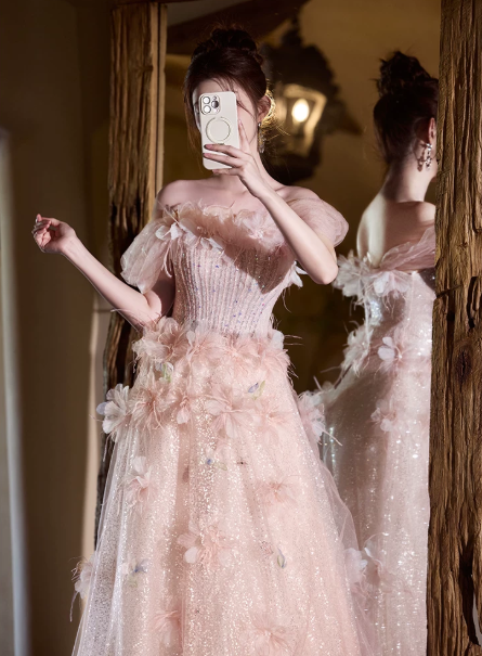 Gliter Tulle Feather Decor Corset Prom Gown ,  Gentle Pink Maxi Birthday Dress Ball Gown RS1838