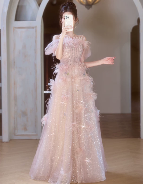 Gliter Tulle Feather Decor Corset Prom Gown ,  Gentle Pink Maxi Birthday Dress Ball Gown RS1838