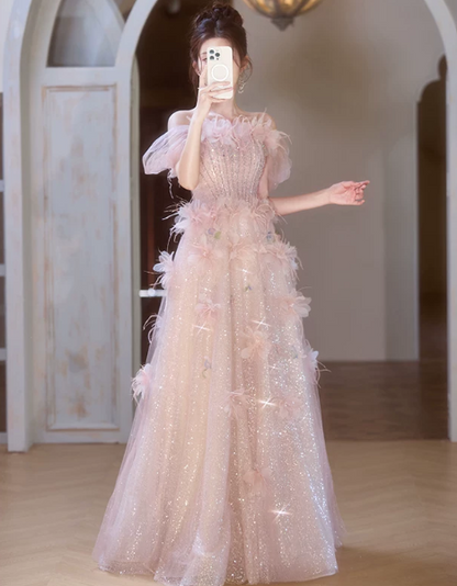 Gliter Tulle Feather Decor Corset Prom Gown ,  Gentle Pink Maxi Birthday Dress Ball Gown RS1838