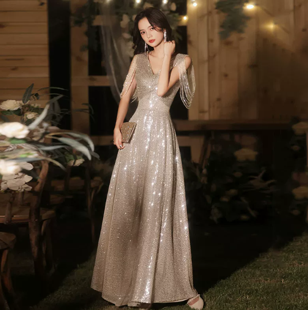 Glitter Sequins Corset Prom Gown ,  Elegant Sliver Maxi Evening Dress Ball Gown RS1839