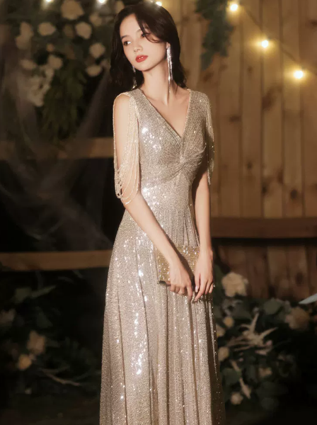 Glitter Sequins Corset Prom Gown ,  Elegant Sliver Maxi Evening Dress Ball Gown RS1839