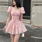 Pink Puff Sleeve Waist Slimming A-Line Short Skirt Homecoming Dress R3804