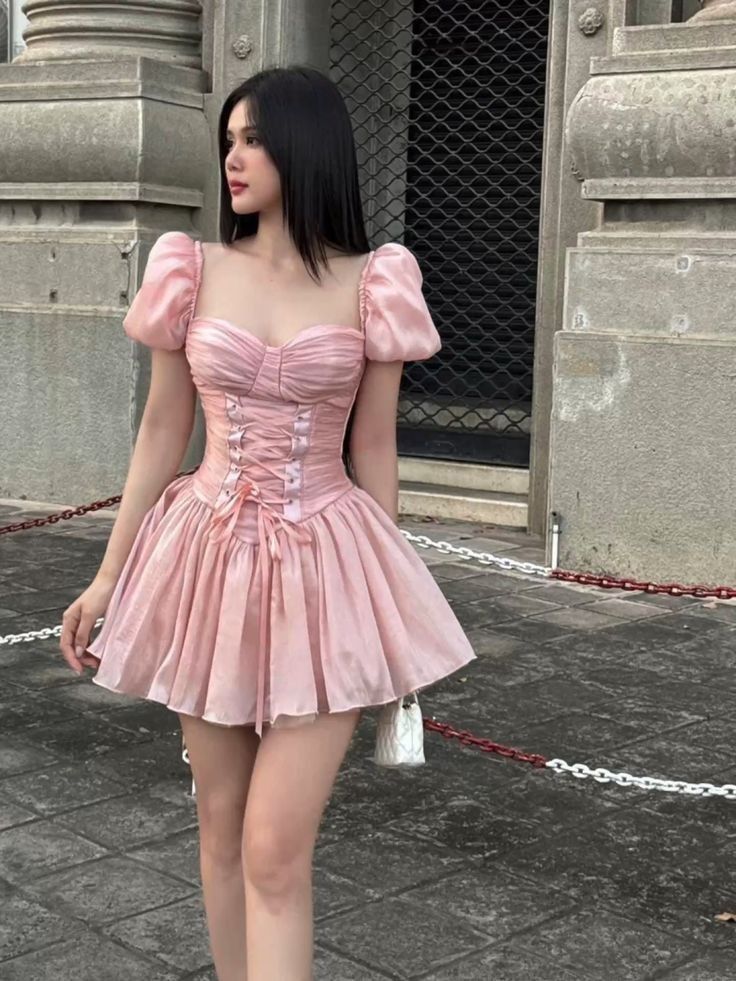 Pink Puff Sleeve Waist Slimming A-Line Short Skirt Homecoming Dress R3804