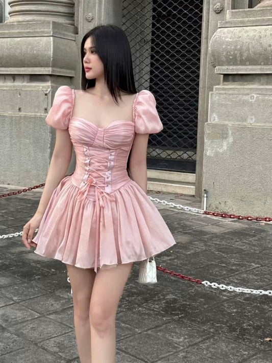 Pink Puff Sleeve Waist Slimming A-Line Short Skirt Homecoming Dress R3804