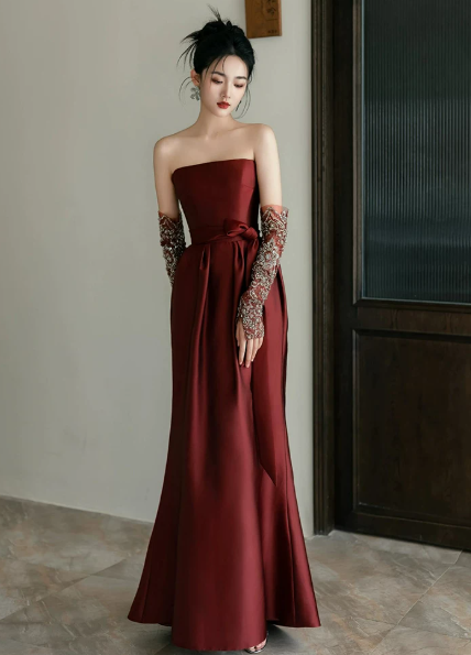 Silky Satin Corset Prom Gown ,  Elegant Burgundy Maxi Evening Dress Ball Gown RS1840