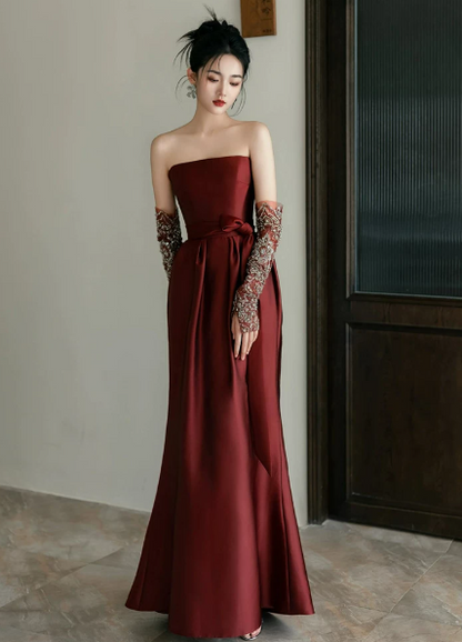 Silky Satin Corset Prom Gown ,  Elegant Burgundy Maxi Evening Dress Ball Gown RS1840
