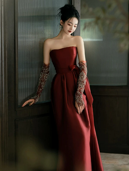 Silky Satin Corset Prom Gown ,  Elegant Burgundy Maxi Evening Dress Ball Gown RS1840