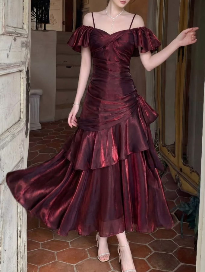 Silky Satin Corset Prom Gown ,  Elegant Burgundy Maxi Evening Dress Ball Gown RS1840