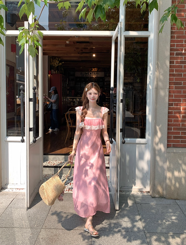 Pink Summer Romantic Lace Floral Suspender Dress Women's Summer French Dress R4822