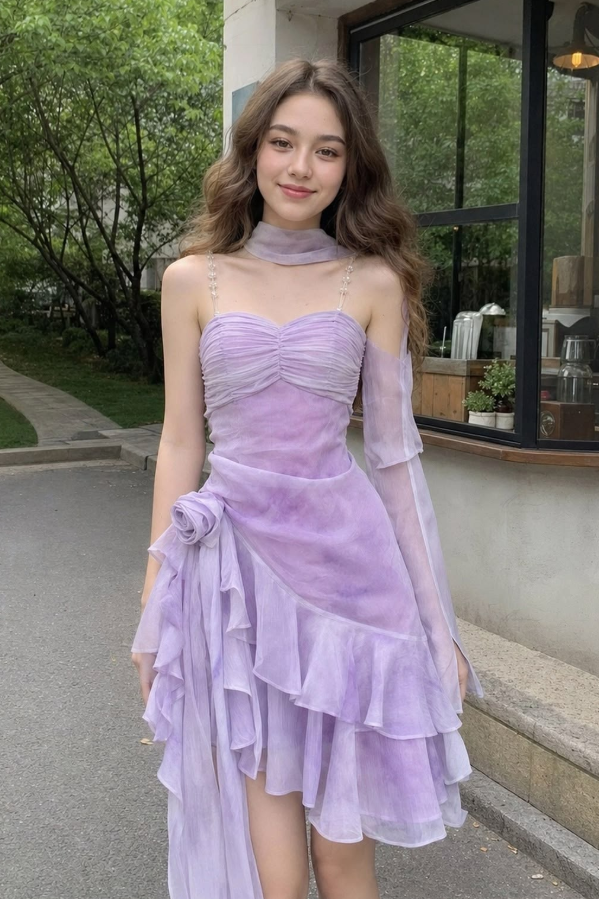 Pleated Flowy Chiffon Corset Prom Gown ,  Gentle Lavender Maxi Party Dress RS1842