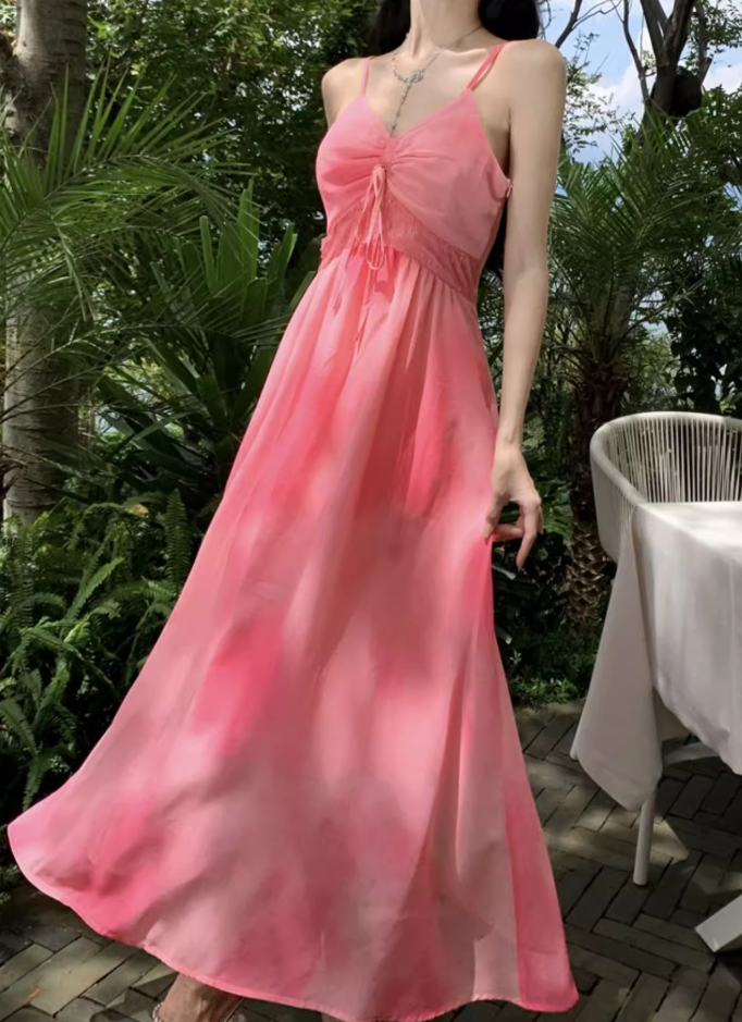 Travel wear vacation French pink white slim print chiffon suspender dress a-line skirt R1627