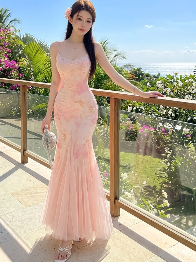 Floral Chiffon Flowy Corset Prom Gown ,  Sweet Pink Maxi Birthday Dress RS1844