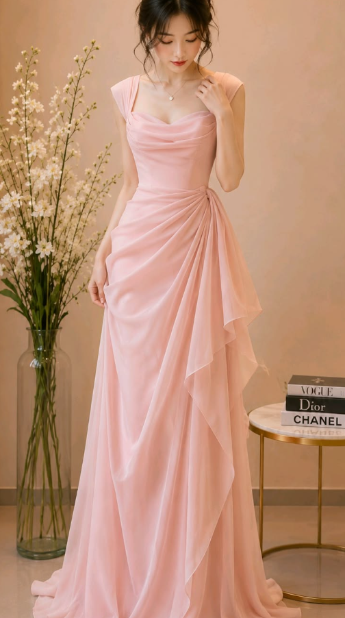 Flowy Chiffon Bodycon Prom Gown ,  Sweet Pink Maxi Birthday Dress RS1846