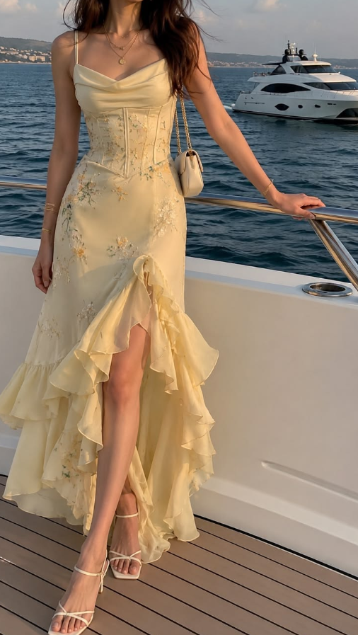 Flowy Chiffon Pleated Bodycon Prom Gown ,  Resort Pastel Yellow Maxi Summer Dress RS1850