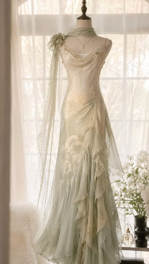 Flowy Chiffon Pleated Bodycon Prom Gown ,  Soft Green Maxi Summer Dress RS1851