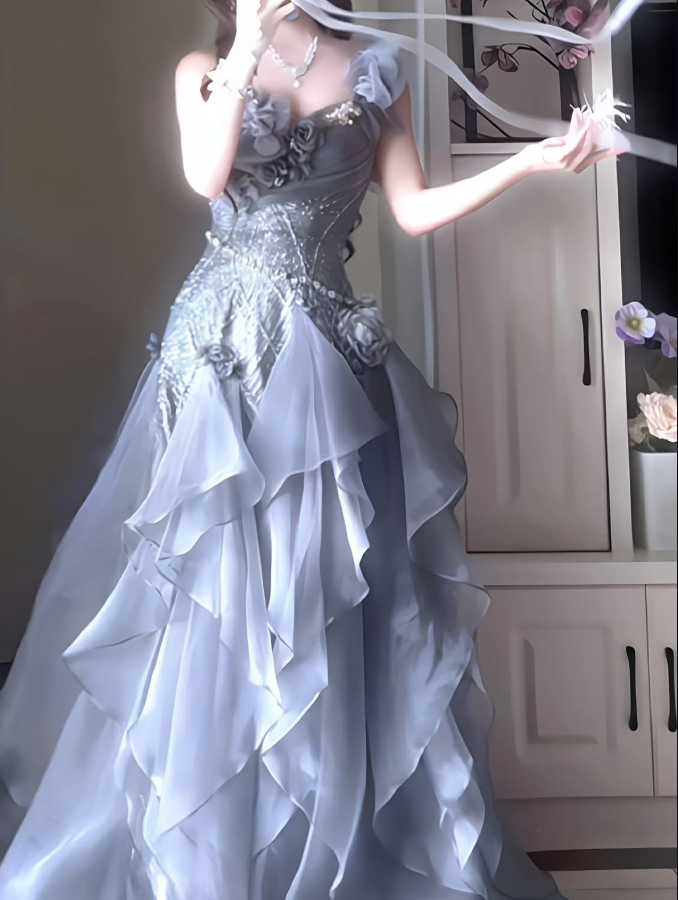 Flowy 3D Floral Pleated Bodycon Prom Gown ,  Sparkly Lavender Maxi Evening Dress RS1853