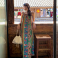 Fairy ethnic style holiday travel wear floral suspender long skirt loose oil painting dress R1750