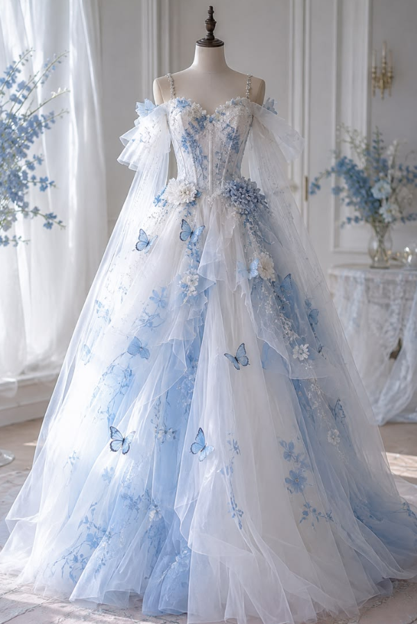 Puffy Tulle Floral Decor Corset Prom Gown ,  High End Blue Maxi Evening Dress RS1855