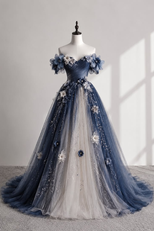 Puffy Tulle Floral Decor Corset Prom Gown ,  High End Navy Maxi Evening Dress RS1856
