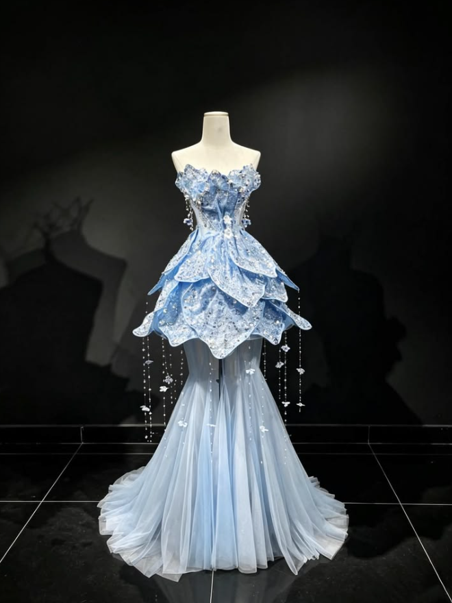 Beaded Tassel Decor Corset Prom Gown ,  High End Navy Maxi Evening Dress Birthday Dress RS1857