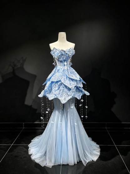 Beaded Tassel Decor Corset Prom Gown ,  High End Navy Maxi Evening Dress Birthday Dress RS1857
