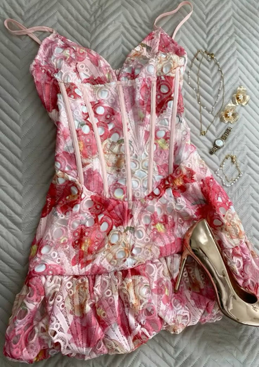 Pink gradient suspenders waist slimming short skirt homecoming dress R2736