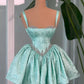 Green satin high-grade suspenders with diamond waist slimming large skirt short skirt homecoming dress R4083