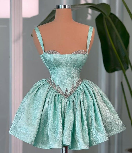 Green satin high-grade suspenders with diamond waist slimming large skirt short skirt homecoming dress R4083