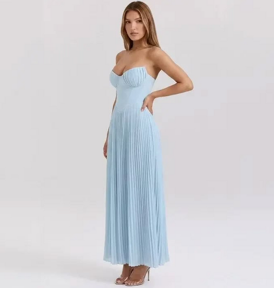 Striped Chiifon Corset Prom Gown ,  Resort Pale Blue Maxi Summer Dress RS1860