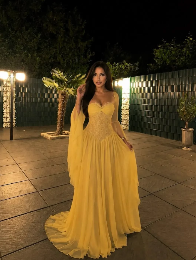 Flowy Chiffon Corset Prom Gown , Vibrant Yelllow Maxi Evening Dress Birthday Dress RS1867