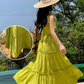 Bohemian holiday long dress elastic square neck slim waist embroidered ruffled suspender dress R0206
