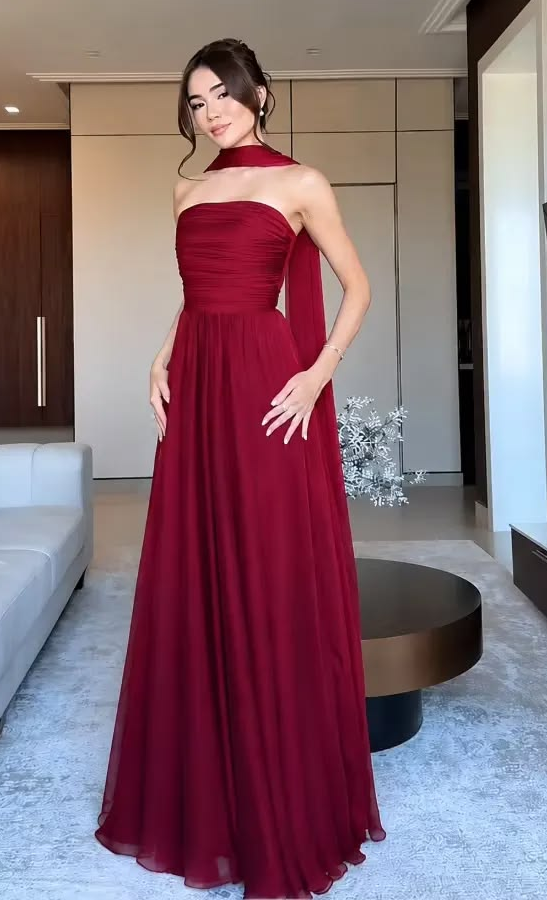 Flowy Chiffon Corset Prom Gown , Gentle Burgundy Maxi Evening Dress RS1871