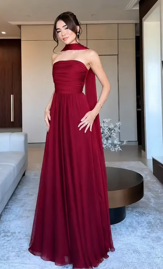 Flowy Chiffon Corset Prom Gown , Gentle Burgundy Maxi Evening Dress RS1871