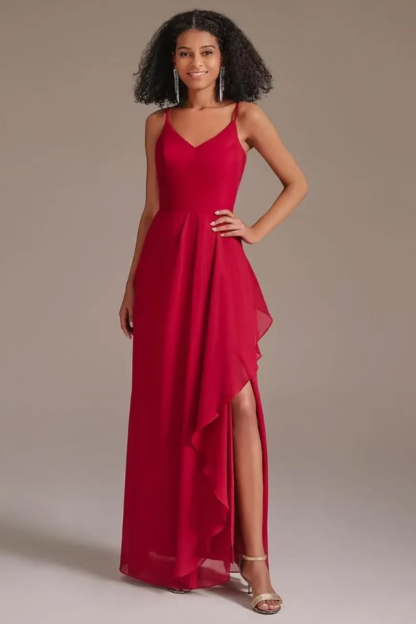 Flowy Chiffon High-slit Corset Prom Gown , Resort Burgundy Maxi Summer Dress RS1872