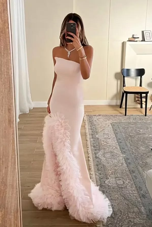 Hazy Satin Feather Decor Bodycon Prom Gown , Gentle Pink Maxi Evening Dress Ball Gown RS1876