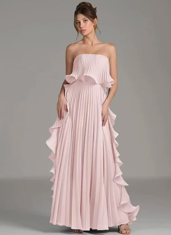 Chiffon Flowy Pleated Corset Prom Gown , Stunning Pink Maxi Evening Dress Ball Gown RS1878