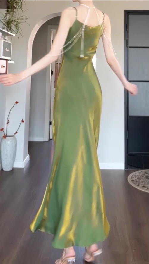 French high-end V-neck green drape dress plus size temperament banquet dress R1822